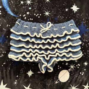 Crochet Dark Blues and White Trim Ruffled Shorts